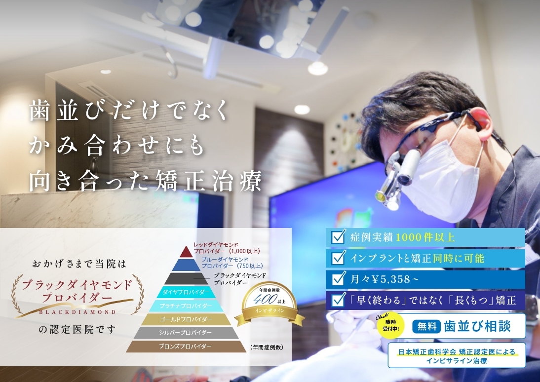 歯並びだけではなくかみ合わせにも向き合った矯正治療 インプラントと矯正同時に可能 透明マウスピース簡単に取り外し可能 「早く終わる」 ではなく「長くもつ」矯正